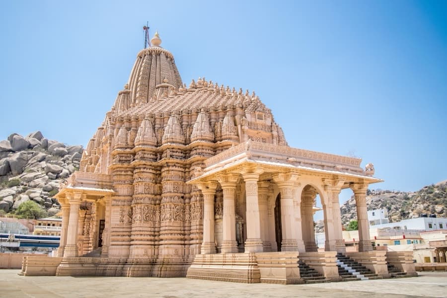 The Ajitnatha temple at Taranga against the rocky hillside