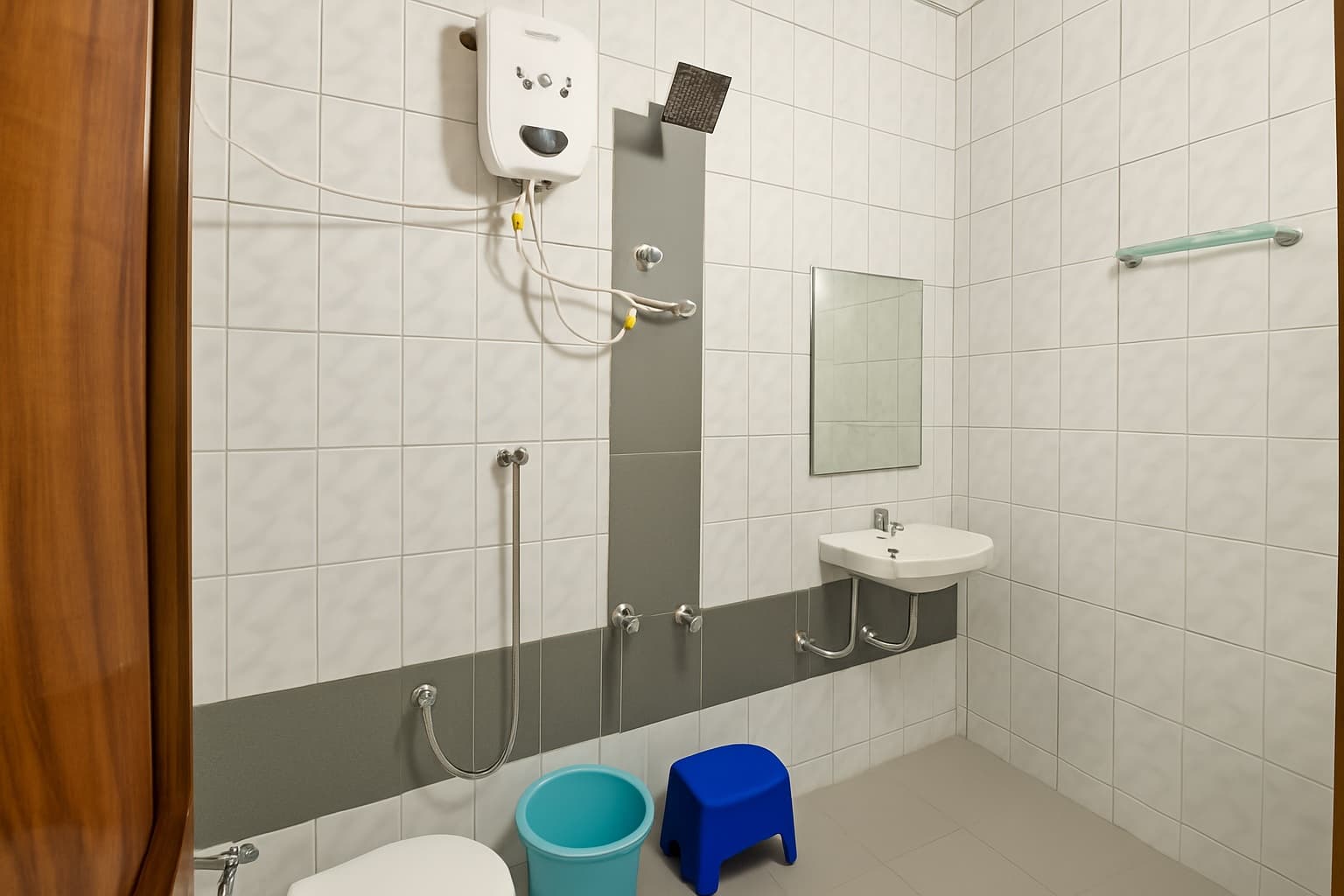 Bathroom with shower, geyser and washbasin