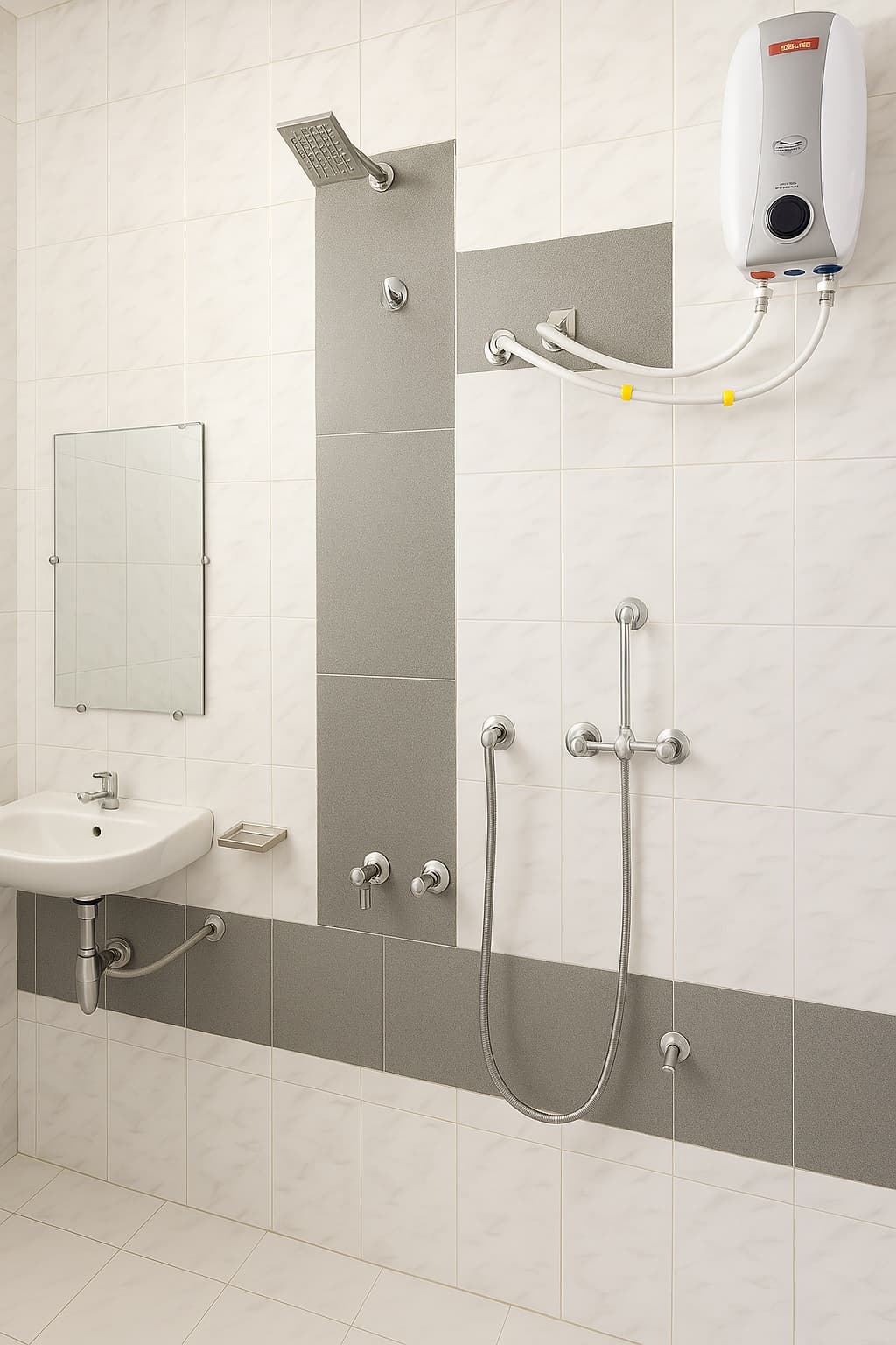 Bathroom with rain-shower panel, geyser and washbasin