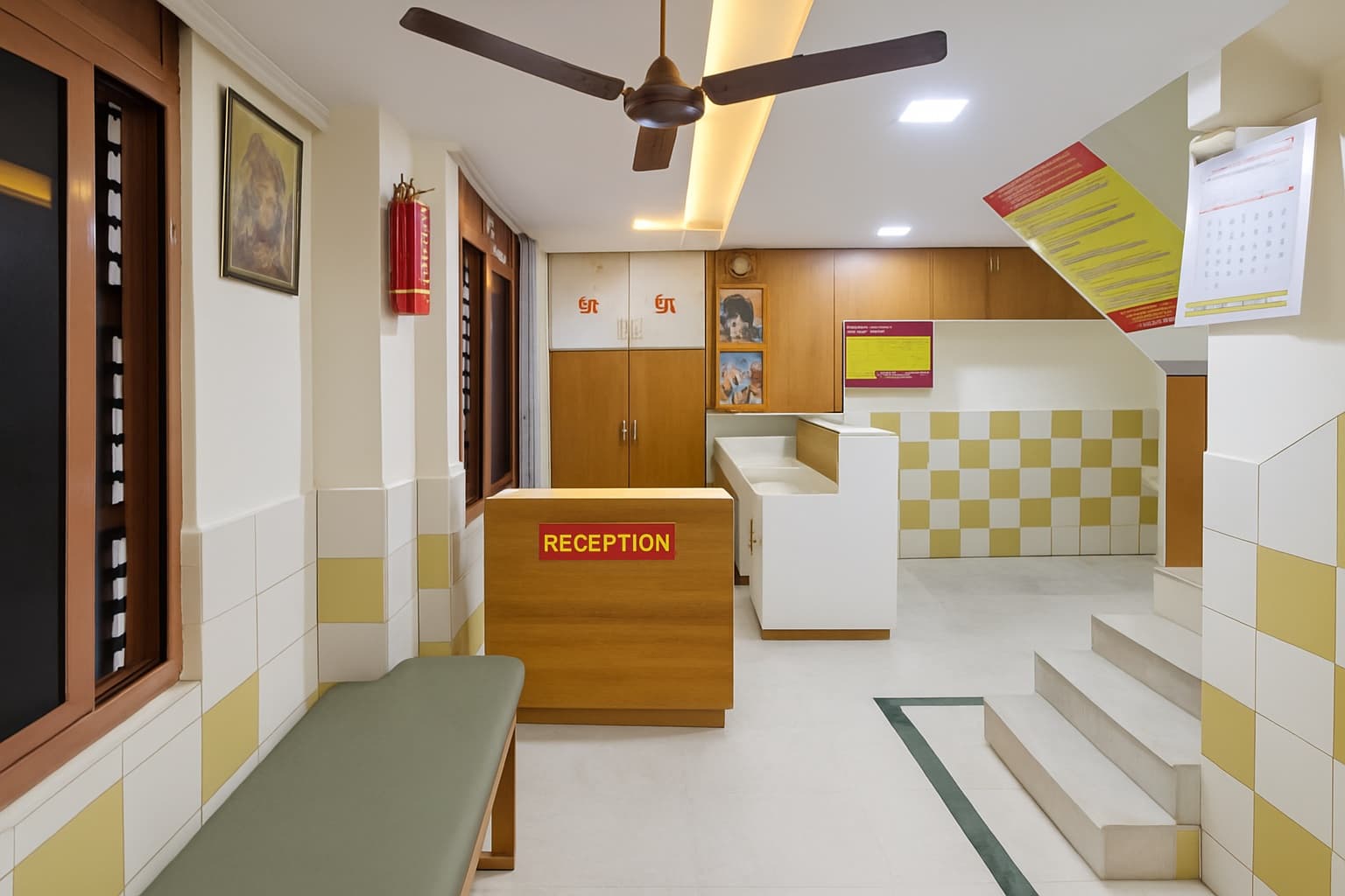 Reception counter and waiting bench in the lobby