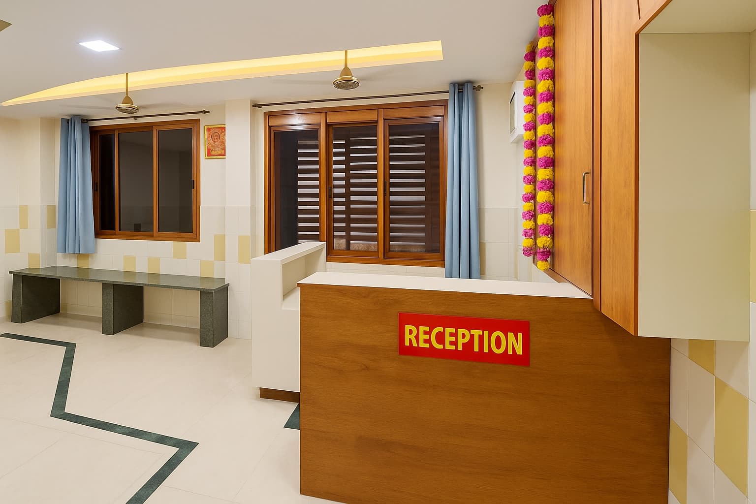 The reception desk at Hotel Yogeshwar, dressed with marigold garlands