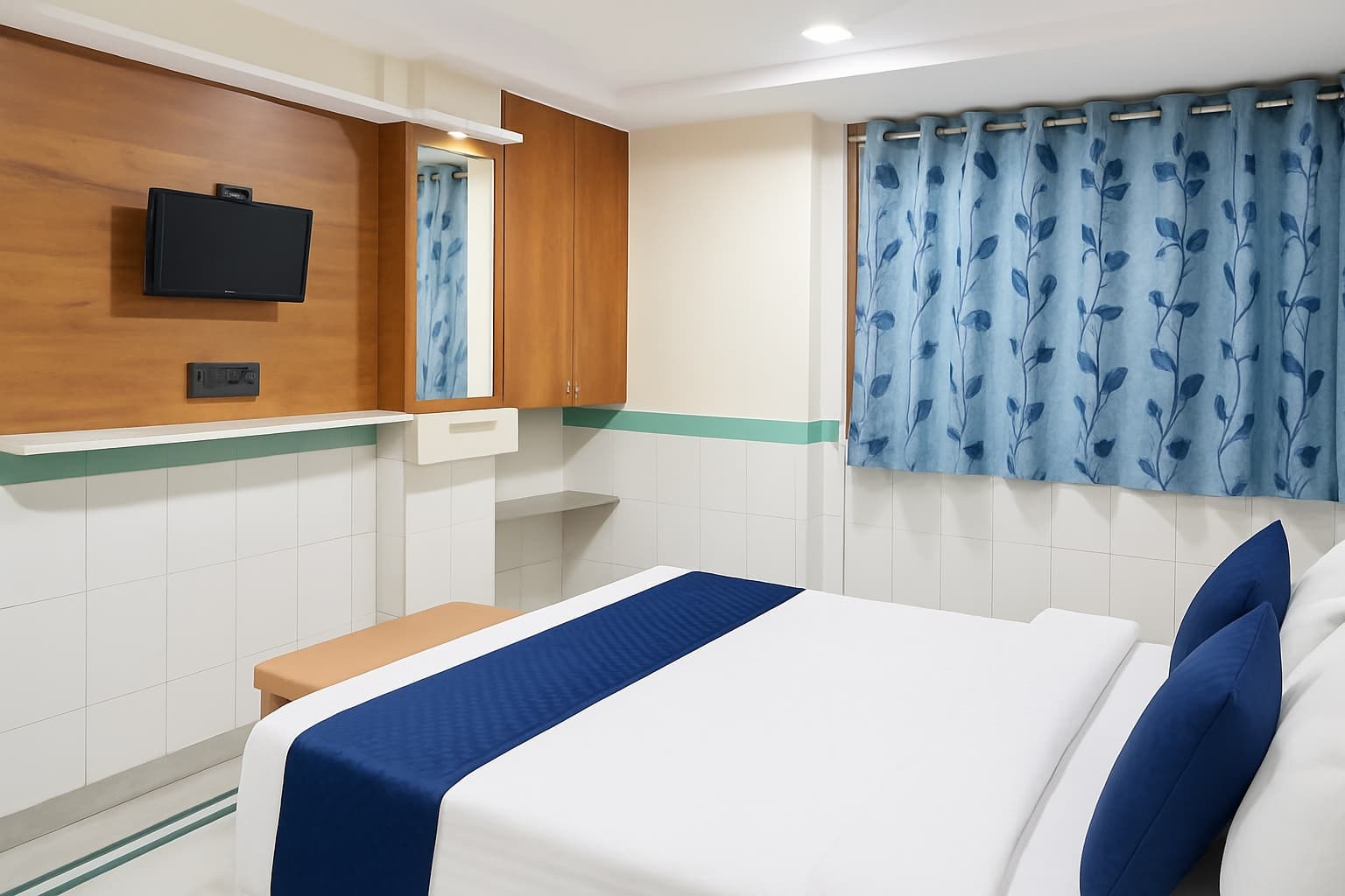 Budget Room — double bed, flat-screen TV and curtained window