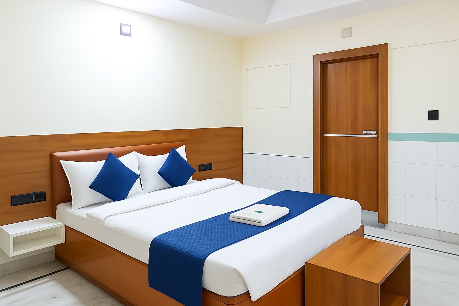 Deluxe AC Room — double bed with wooden headboard